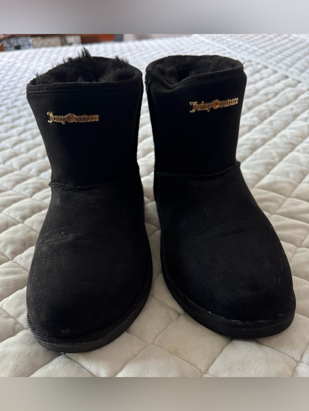 Juicy Couture Black Short Faux Fur Booties with Gold Logo